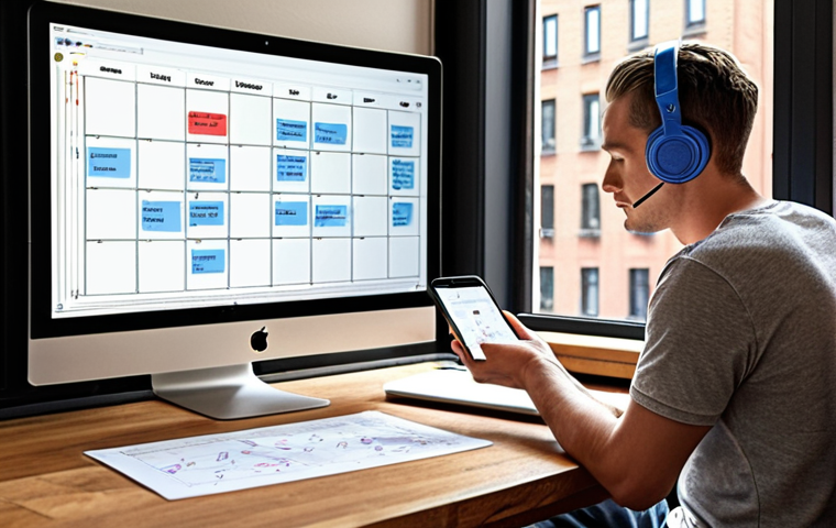 ** A well-organized desk with a Moleskine notebook, a sleek laptop displaying a Trello board, and a steaming cup of Kaffee. Soft, natural light streams in from a window, creating a calming and focused atmosphere. Include a small succulent plant for a touch of "Grün." The overall impression should be modern and minimalist, but welcoming.
**