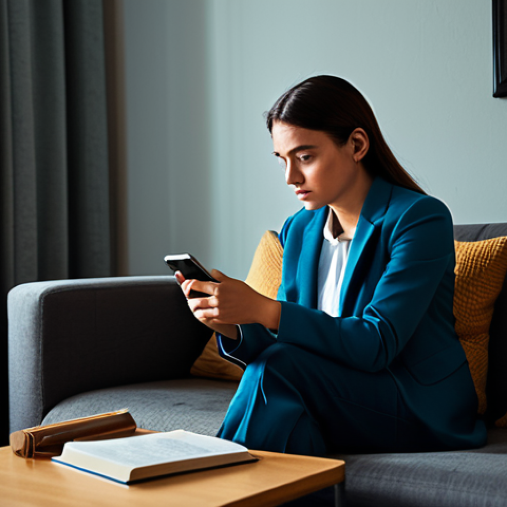 A person, fully clothed in modest, comfortable attire, is seated on a sofa in a modern, subtly lit living room during the late evening. Unopened study books are prominently displayed on a coffee table nearby. The individual gazes at a smartphone with a visibly distracted expression, while a clear wall clock in the background indicates a late hour, emphasizing the passage of time. The overall scene subtly conveys a sense of procrastination and the challenging illusion of available free time. safe for work, appropriate content, fully clothed, professional, perfect anatomy, correct proportions, natural pose, well-formed hands, proper finger count, natural body proportions, high quality, realistic.