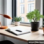 학습 루틴의 성공적인 실행을 위한 계획 - A modern, minimalist home study setup in a bright room with large windows letting in natural dayligh...