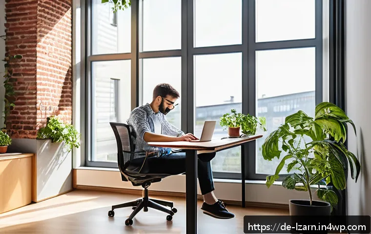 정신적 웰빙과 학습 루틴의 연결 - A modern, tidy study desk near a large window with abundant natural daylight streaming in, showing a...